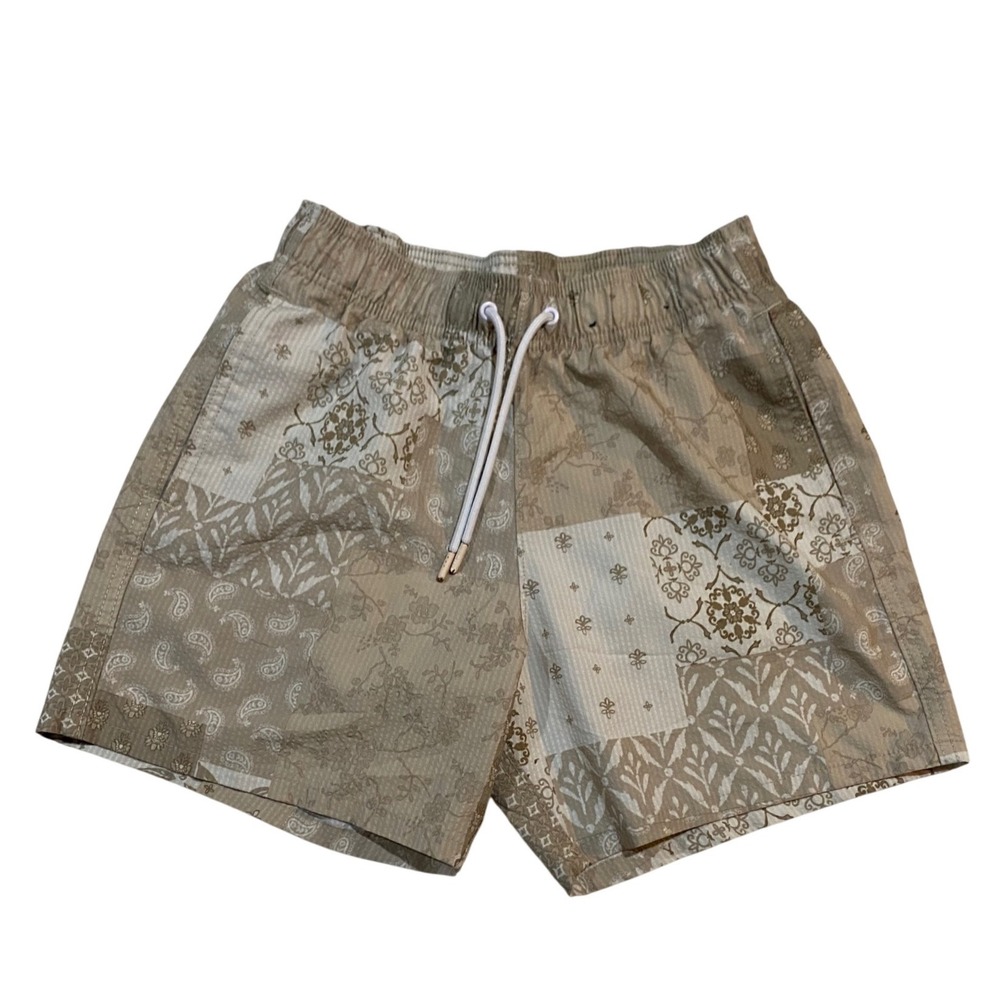 Hollister Mens Swim Trunks XS Tan Patchwork Paisley 4-Way Stretch Board Shorts